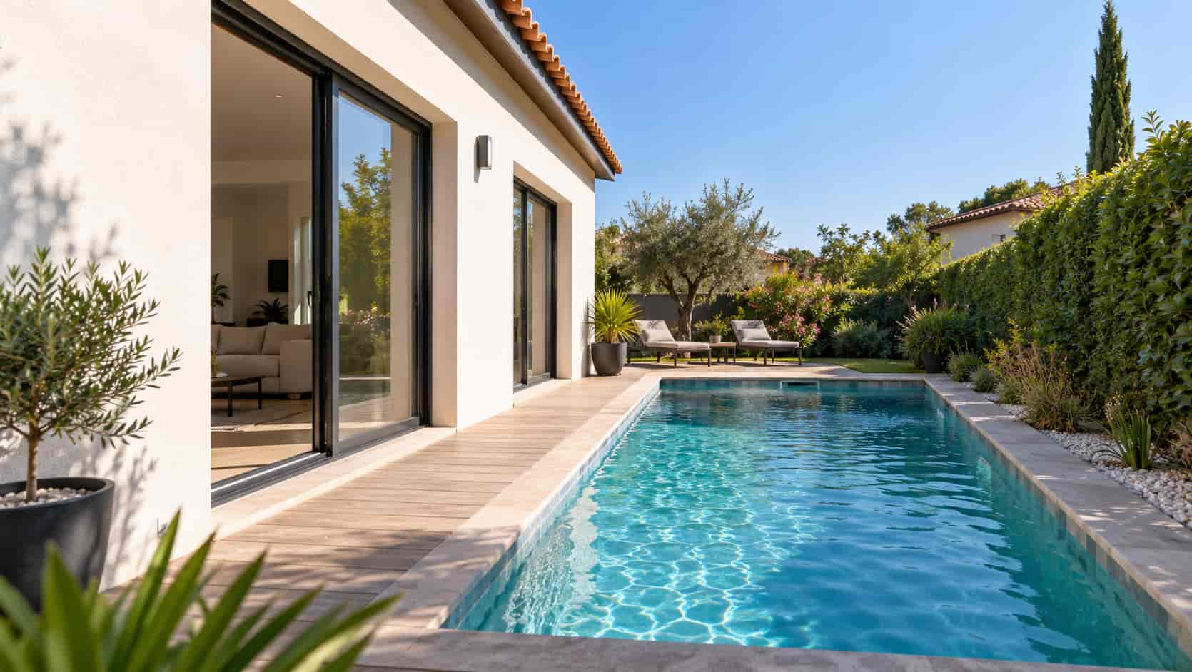 Une piscine bleue à 1m de la maison.