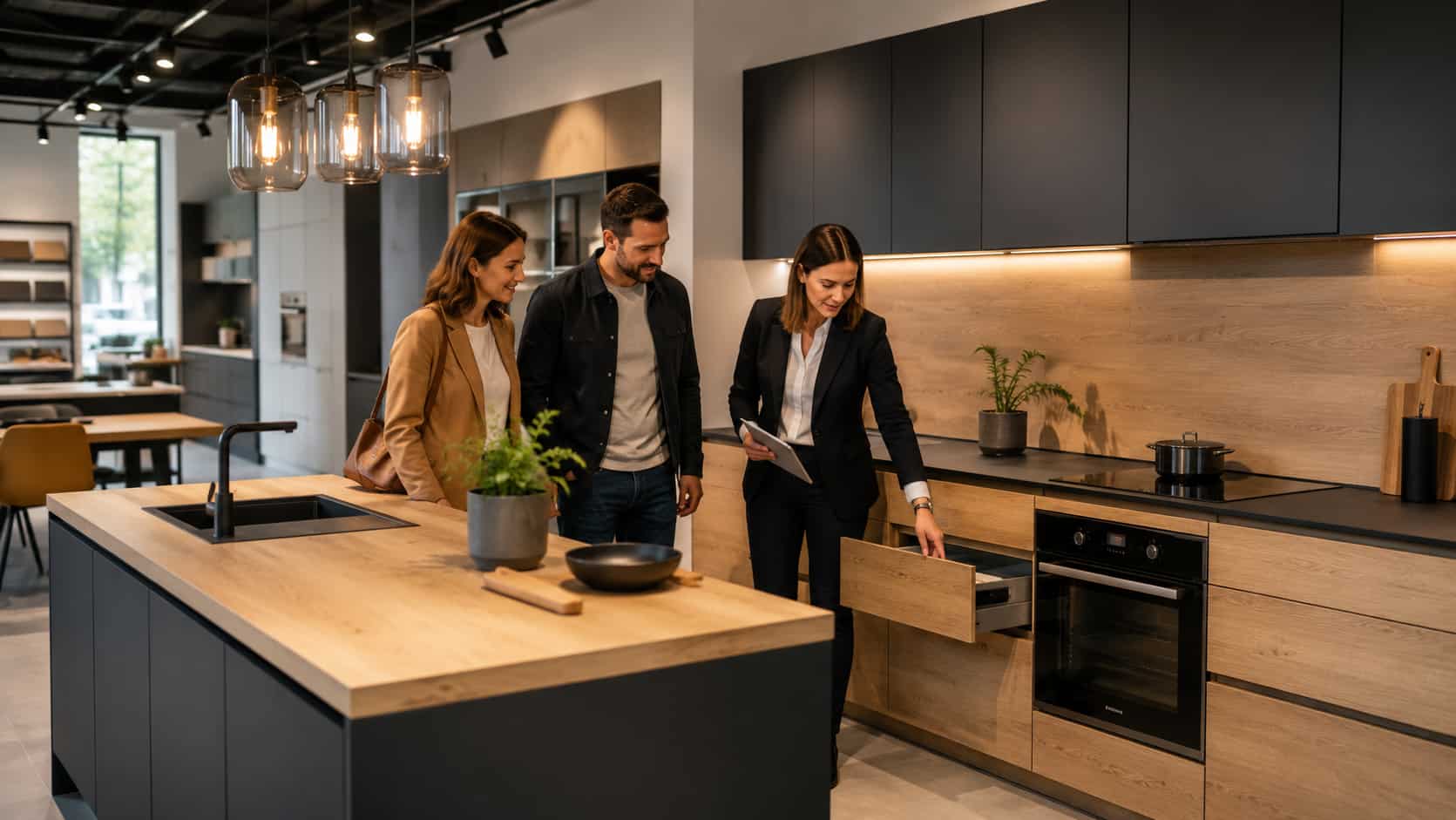 Un couple achète une cuisine en magasin.