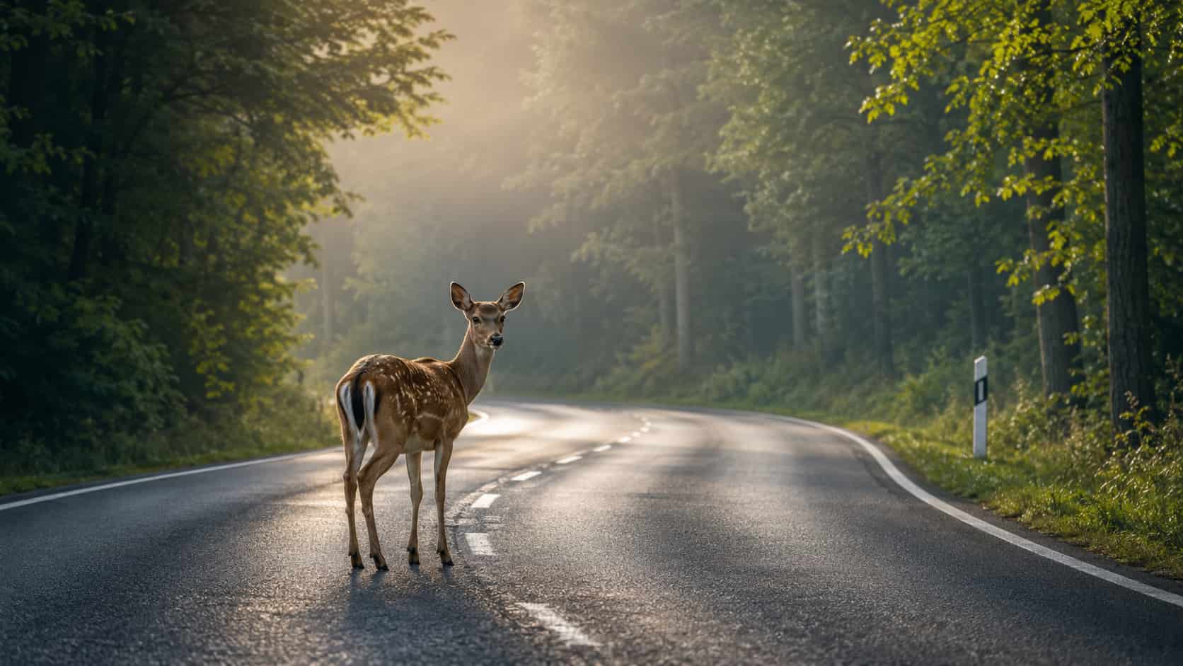 Une biche sur la route au milieu de la forêt.