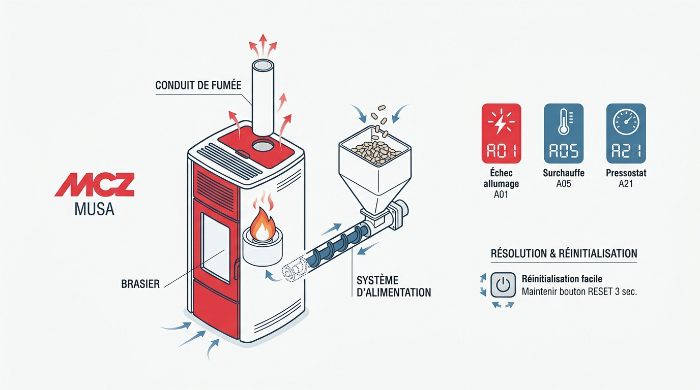 Diagramme des codes erreurs et procédure de réinitialisation pour poêle MCZ Musa