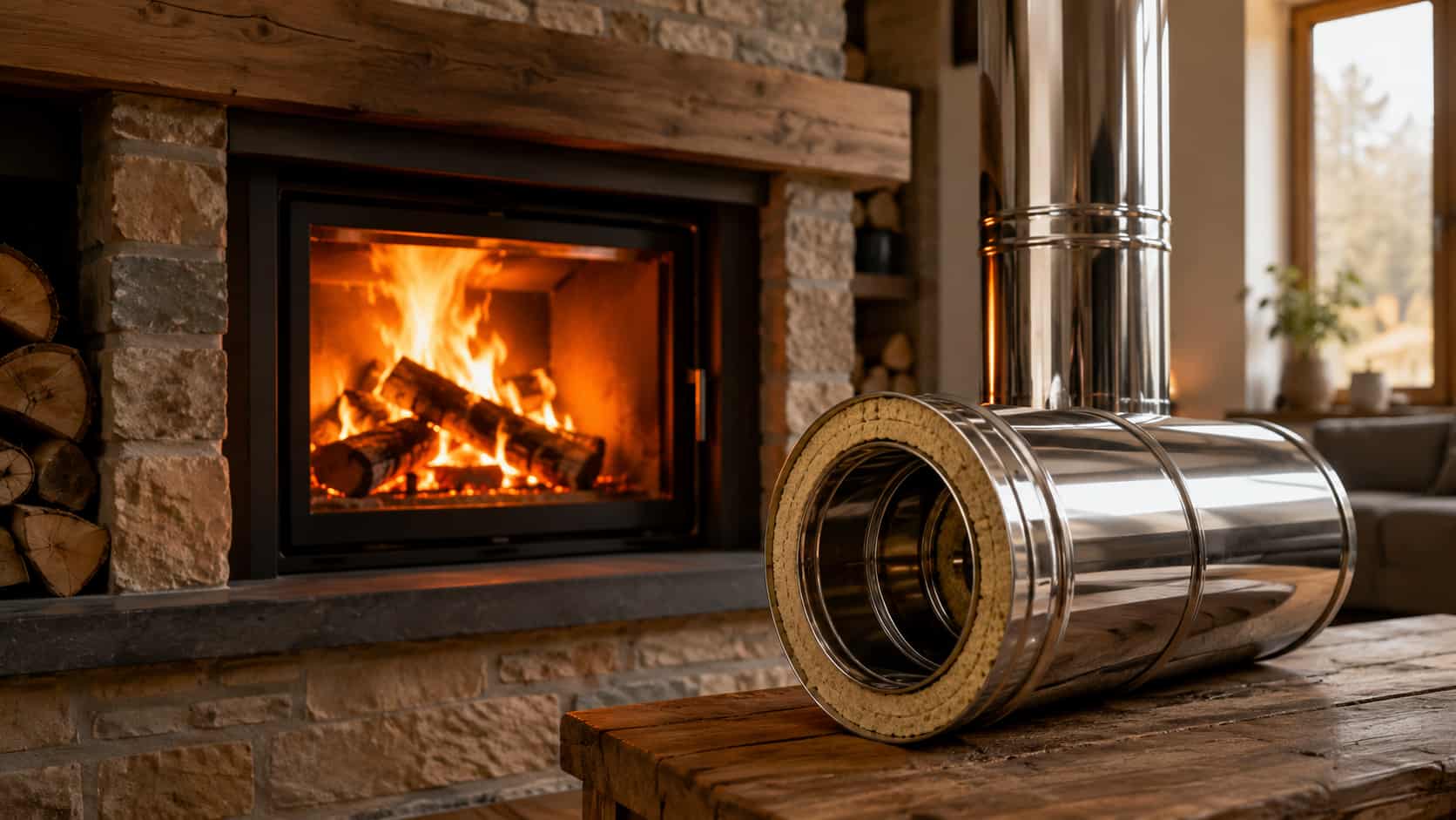 Un feu de cheminée avec tubage inox.