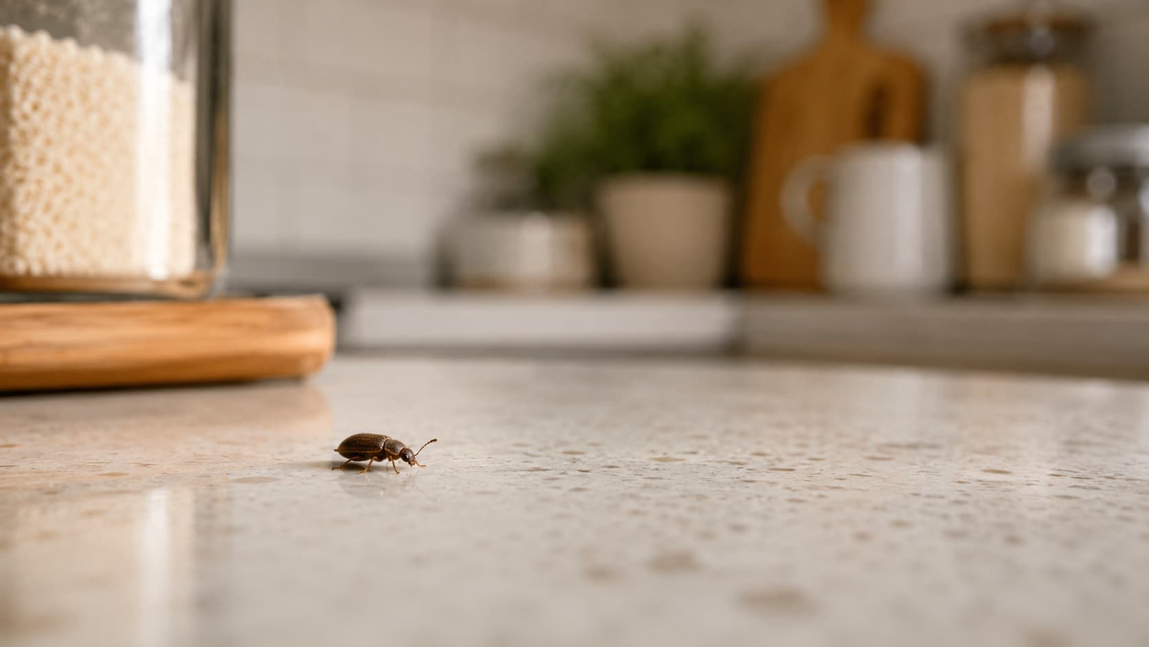 Un petit insecte marron dans la cuisine.