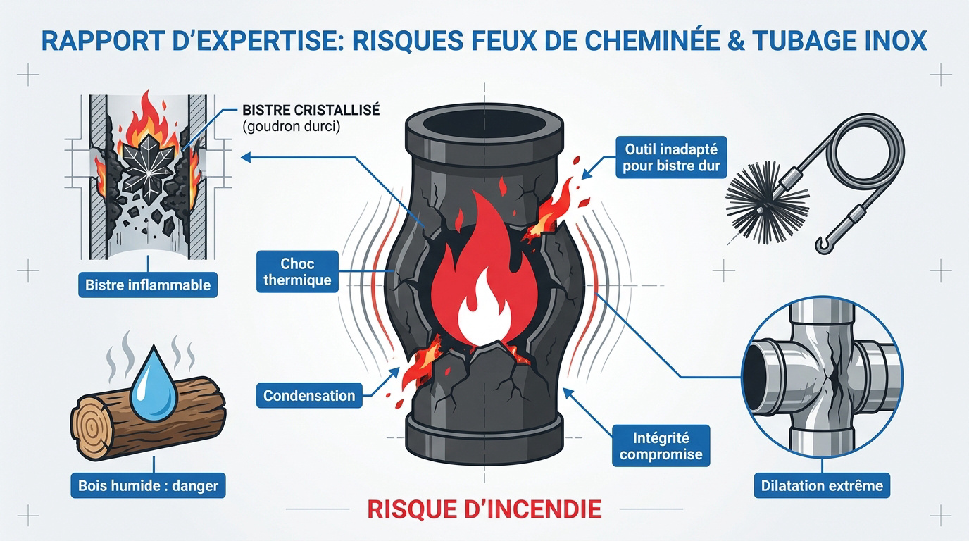 Conduit de cheminée en inox endommagé par la chaleur intense d'un incendie