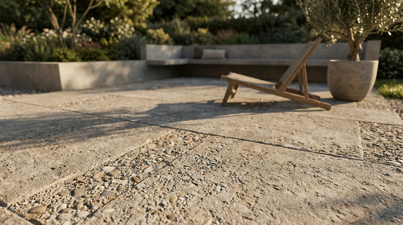 Terrasse extérieure moderne en béton lavé avec des détails de galets, agrémentée d'une chaise longue et d'un olivier.