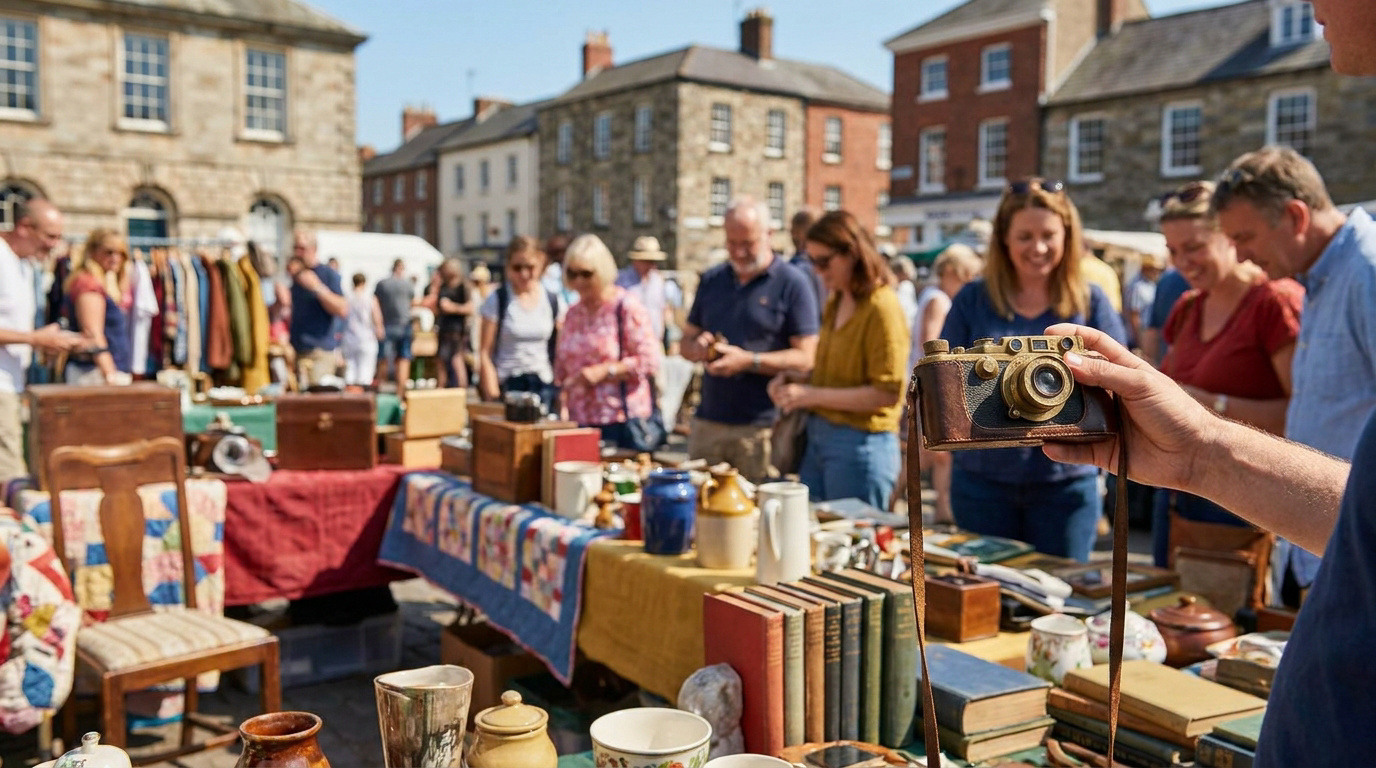 Une personne tient un appareil photo ancien sur un marché aux puces en plein air avec des stands de brocante en arrière-plan.