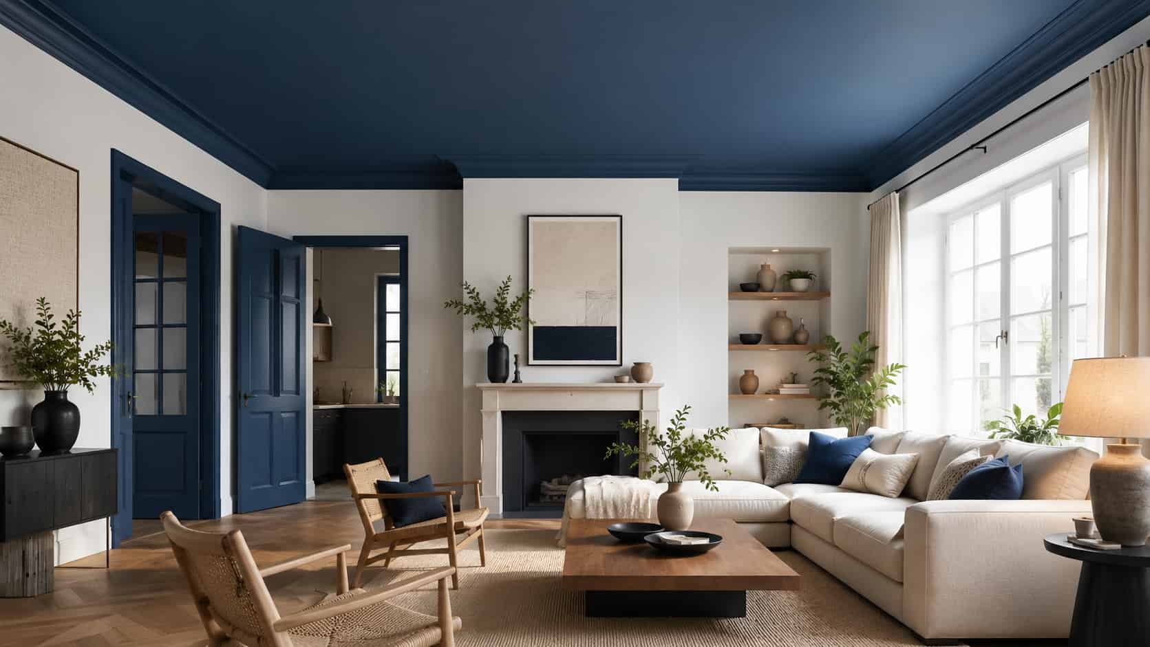 Une peinture de couleur au plafond.