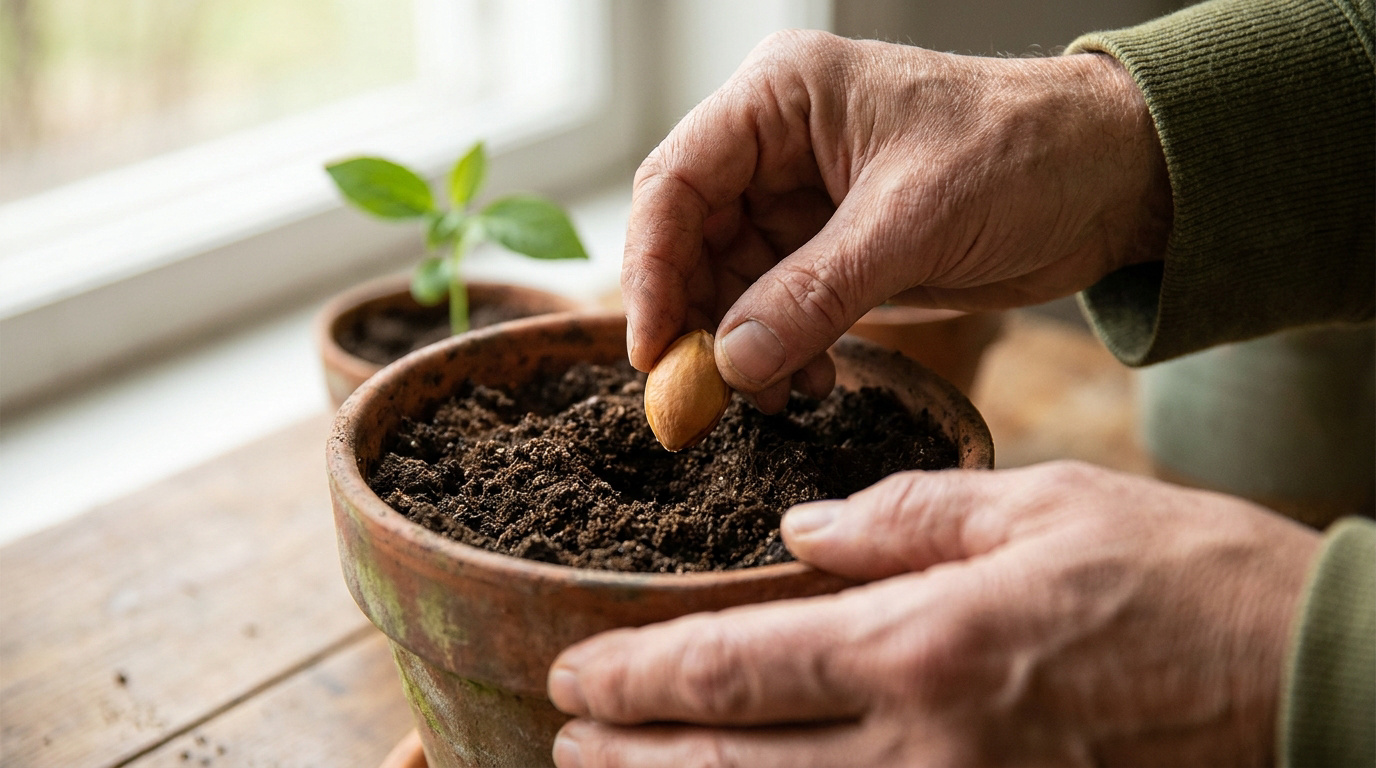 Mains d'une personne plantant un noyau de fruit dans un pot en terre cuite rempli de terreau.