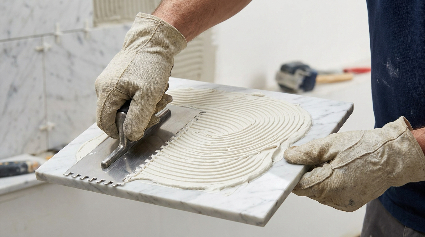 Un artisan porte des gants et utilise une spatule crantée pour étaler de la colle sur un carreau de marbre blanc.