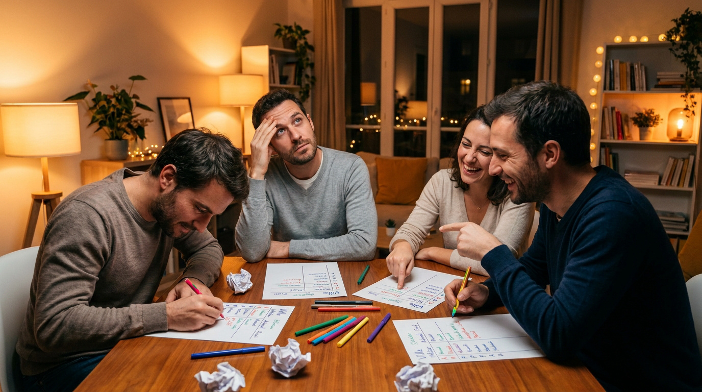 Groupe d'amis concentrés et rieurs jouant au petit bac autour d'une table dans un salon chaleureux le soir.