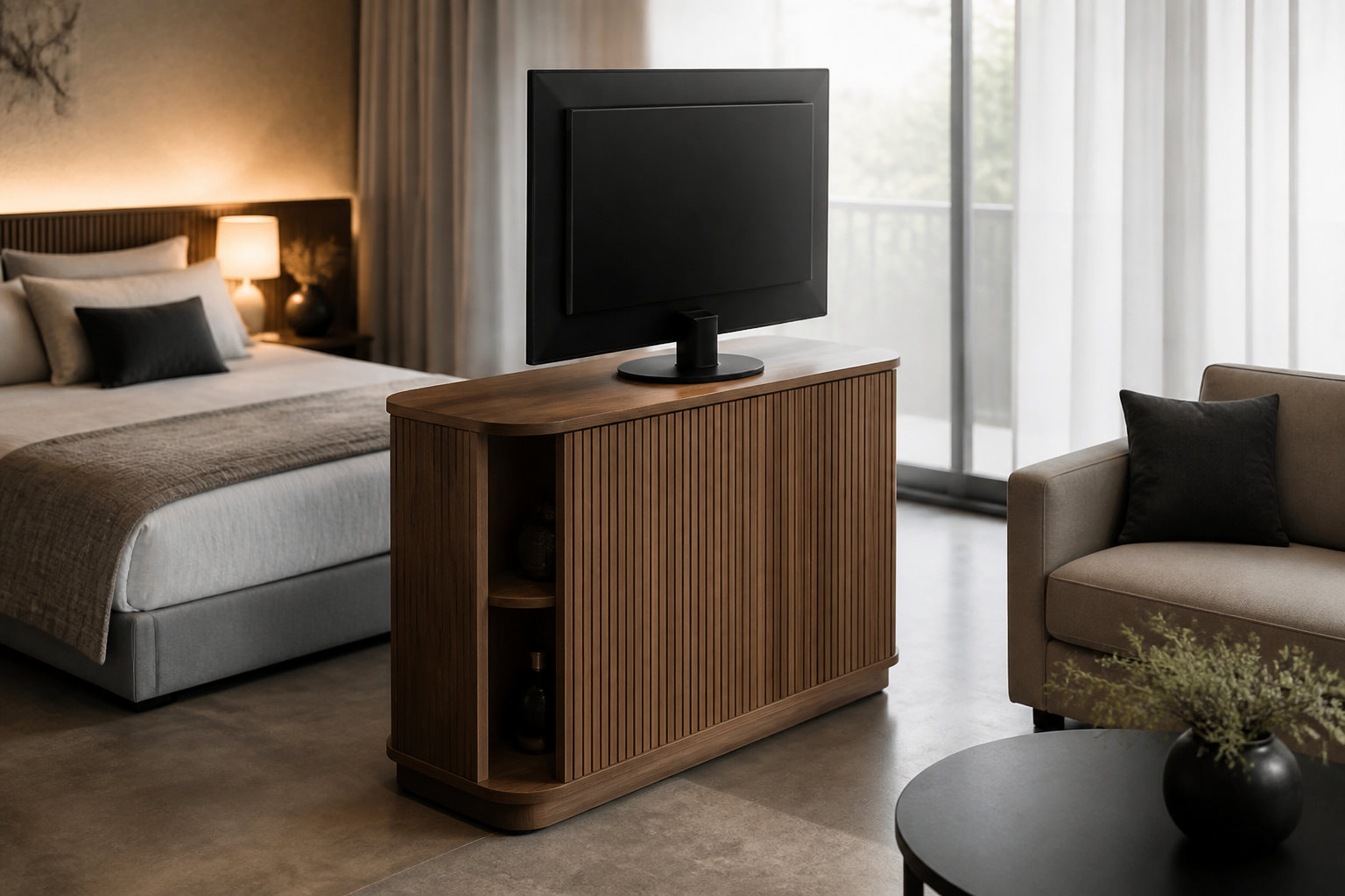 Meuble TV pivotant : une séparation hybride ingénieuse