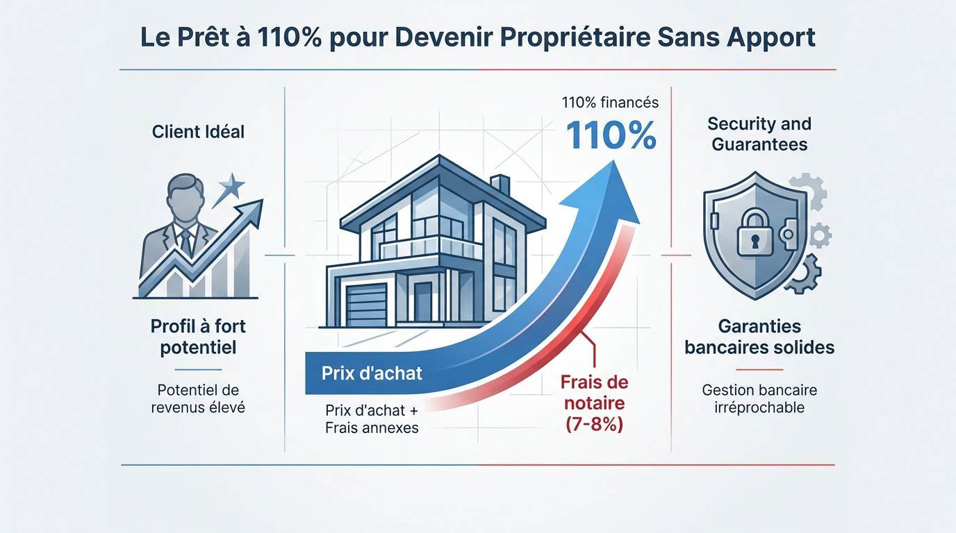Infographie expliquant le fonctionnement du prêt immobilier à 110 pour cent sans apport