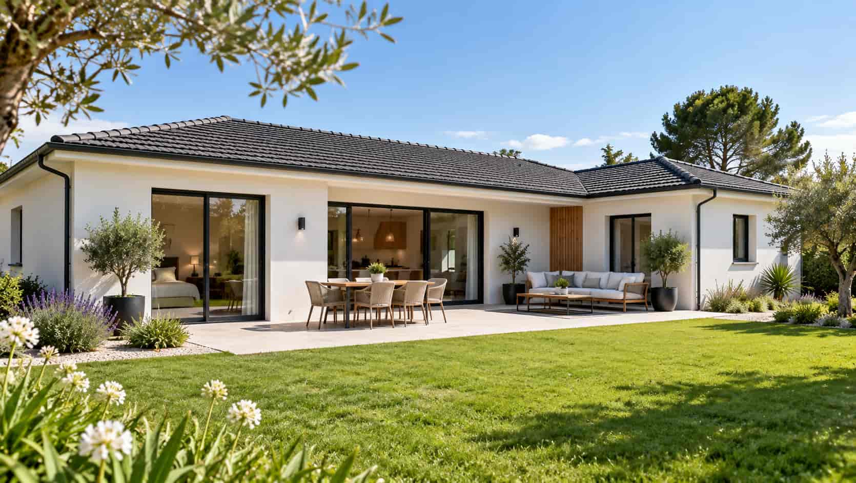 Une maison de plain-pied avec un jardin.