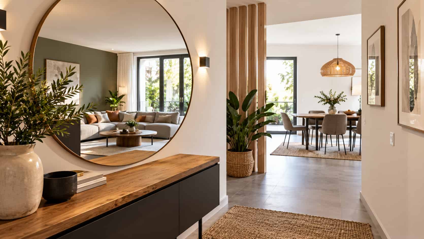 Un miroir rond dans un couloir.