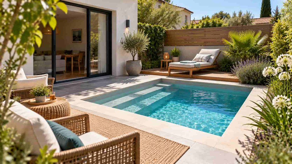 Une petite piscine dans un jardin.