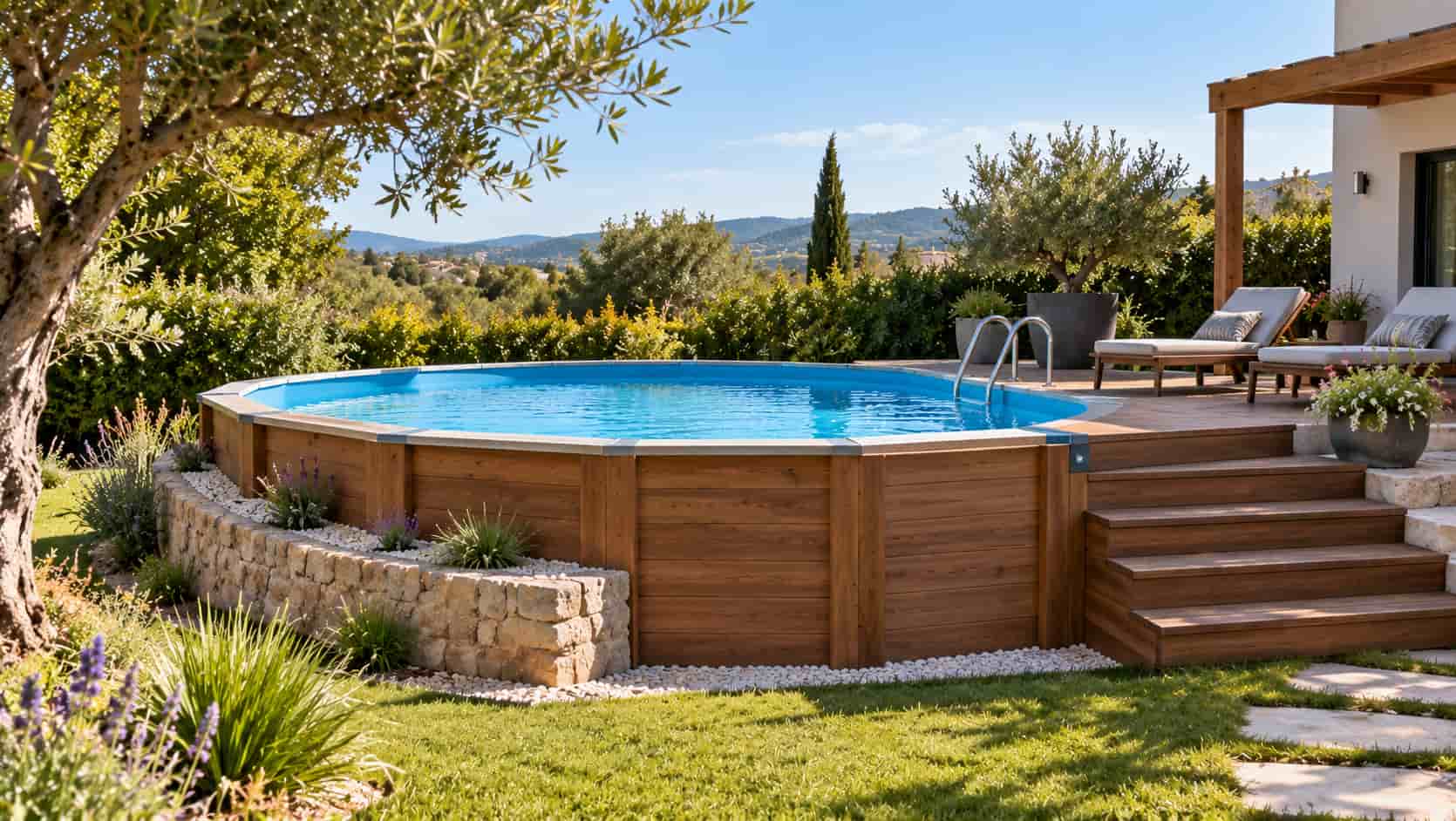 Une piscine en bois hors-sol.