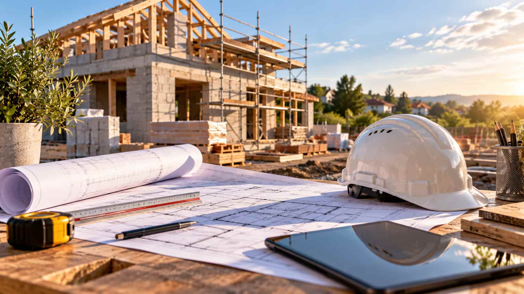 Plans d'une maison en construction.