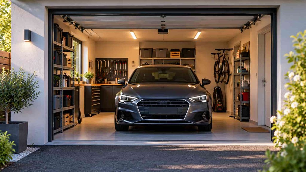Une voiture dans un garage.