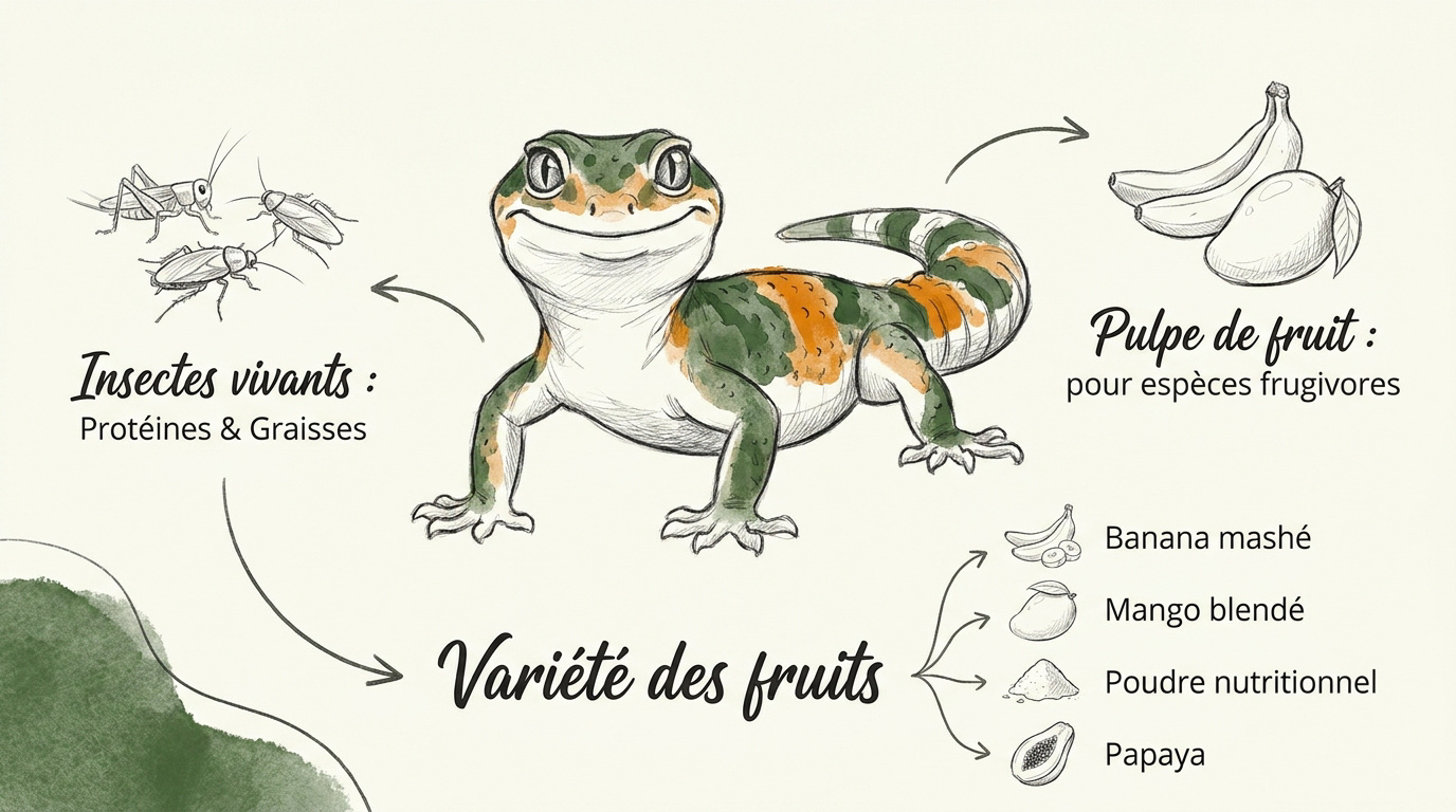 Assortiment d'insectes vivants et de purée de fruits pour l'alimentation équilibrée d'un gecko
