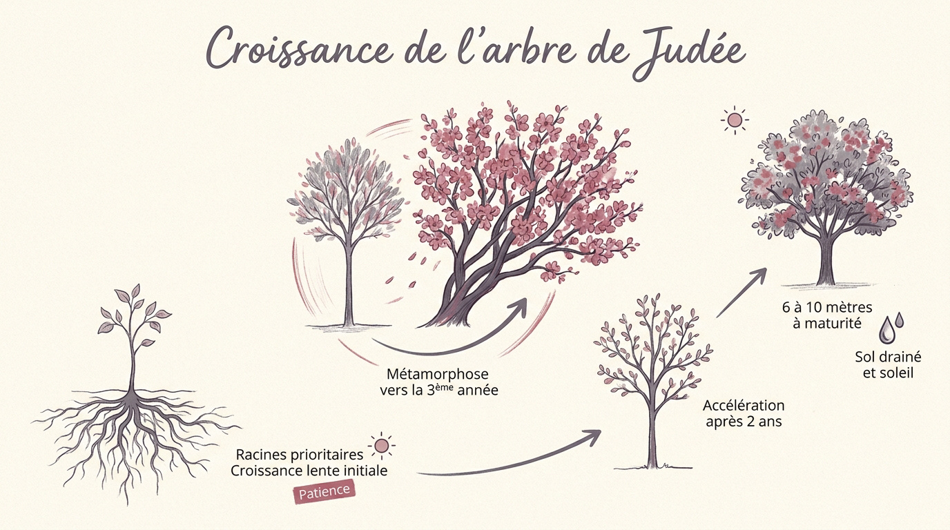 Jeune arbre de Judée en pleine croissance printanière avec ses fleurs roses caractéristiques sur le tronc