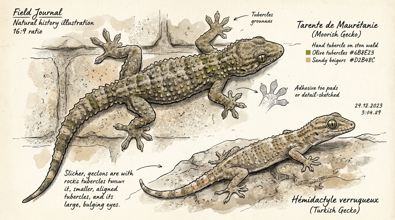 Illustration des geckos Tarente et Hémidactyle sur un mur