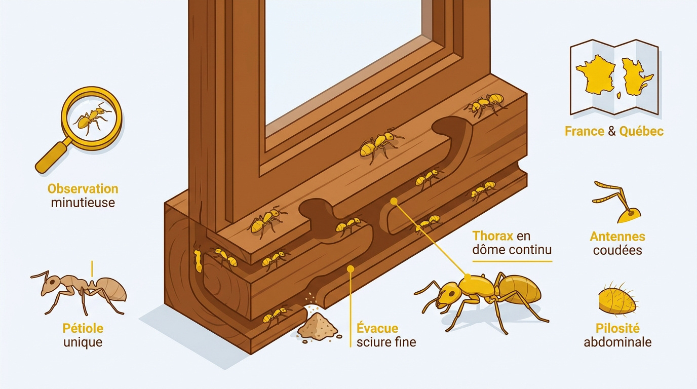 Identification visuelle d'une fourmi charpentière sur du bois