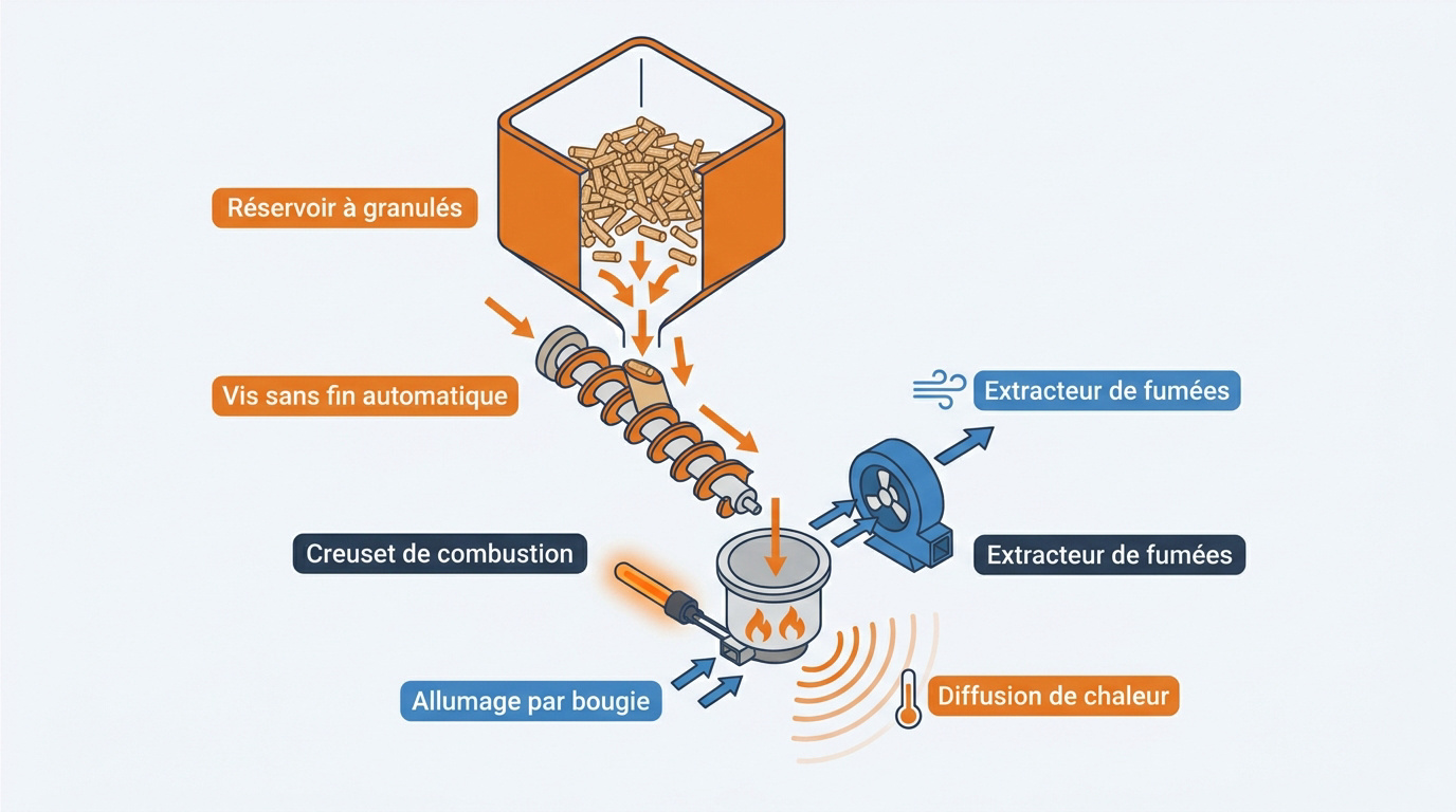 Schéma technique détaillé des composants internes d'un système à granulés
